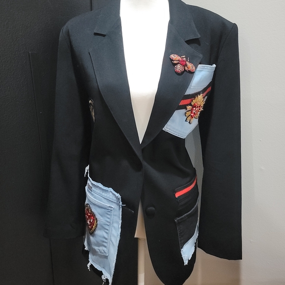 Jackets & Blazers - Black and Denim Blue Patchwork Women's Blazer With Heart Patch Design